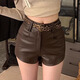 Miao Yijia Shorts Women's Outerwear Hot Pants Leather Pants 2025 New Autumn and Winter A-line High Waist Slim Fit Pants Little People Versatile Brown Hot Girl Casual PU Leather Shorts + Leopard Print Belt M (Recommended weight is about 100-110 Jin Jin is equal to 0.5 kg)