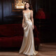 Vnxifm evening dress high-end suspenders niche light luxury host engagement banquet birthday socialite temperament fishtail dressing gown toast champagne gold M
