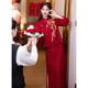 Chuangjingyi Selects New Chinese Style Cheongsam Toast Wear Bride Xiuhe Wear Wine Red Long Sleeve Lace Engagement Dress YL1043 Wine Red 2XL