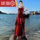 Shantou Lincun red ruffled fishing skirt high-end mermaid ruffled slim suspender dress birthday cocktail dress long red S