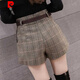 Pierre Cardin (Pierre Cardin) new autumn and winter high-waisted shorts women's woolen fashion belt versatile outer wear slim boots pants fashion plaid khaki 2XL 125Jin Jin equals 0.5 kg -135Jin Jin equals 0.5 kg