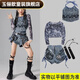 Yulixin girls jazz dance performance clothing girl group jazz children's street dance performance denim suit children's clothing medium and large children's trend flame denim long sleeves + denim trousers + suspenders 110