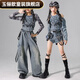 Yulixin girls jazz dance performance clothing girl group jazz children's street dance performance denim suit children's clothing medium and large children's trend flame denim long sleeves + denim trousers + suspenders 110