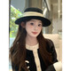 Hanqing Mid-summer French Hat Women's Autumn and Winter Woolen Flat Brim Hat Fashionable and Versatile Black Top Hat British Retro Flat Top Hat Black Adjustable