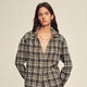 付智恩  英伦格调 复古宽松羊毛棉混纺盐缩磨毛工艺落肩格子衬衫女 松灰格 S