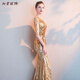 Meianjia evening dress women's new banquet noble and elegant long fishtail temperament celebrity sexy host slim golden L