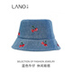 Lannuo cherry embroidered denim fisherman hat for women 2025 autumn new style big head circumference showing face small basin hat thin hat blue M (56-58cm)