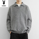 Playboy (PLAYBOY) twist long-sleeved sweater men's autumn and winter lazy style Henry collar American retro knitted versatile POLO shirt men's black M