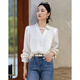Demana shiny silk autumn temperament V-shaped flower decoration small stand-up collar shirt puff sleeve shirt women's top