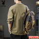 Playboy (PLAYBOY) 2025 new casual men's versatile long-sleeved T-shirt, loose and thin, spring and autumn trendy brand Henry collar bottoming shirt, sweatshirt, Khaki M _ Recommended 86-100Jin Jin is equal to 0.5 kg