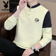 Playboy Chinese Style Sweater Men's Spring and Autumn Loose Versatile Color Block Bottoming Shirt Retro Button Henley Collar Pullover Top W36 Beige 2XL