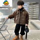 G.DUCKKIDS boys' leather jacket autumn and winter new style velvet thickened winter 2025 children's splicing thickened medium and large children's jacket coffee color 140 cm