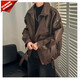 Leather jacket men's European and American style handsome lapel street trend motorcycle wear Korean PU leather jacket top clothes coffee color high-end quality 3XL