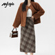 MJ STYLE woolen plaid skirt women's 2025 new spring and autumn high waist slimming slit hip mid-length skirt Khaki L