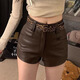 Miao Yijia Shorts Women's Outerwear Hot Pants Leather Pants 2025 New Autumn and Winter A-line High Waist Slim Fit Pants Little People Versatile Brown Hot Girl Casual PU Leather Shorts + Leopard Print Belt M (Recommended weight is about 100-110 Jin Jin is equal to 0.5 kg)