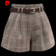 Pierre Cardin (Pierre Cardin) new autumn and winter high-waisted shorts women's woolen fashion belt versatile outer wear slim boots pants fashion plaid khaki 2XL 125Jin Jin equals 0.5 kg -135Jin Jin equals 0.5 kg