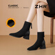 ZHR short boots women's retro thin women's boots winter plus velvet thick high heel suede ankle boots pointed toe elastic boots BL652A black 37
