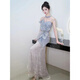 ACJK Heavy Industry Evening Dress High-end Host Banquet Temperament Shiny Blue Halter Fishtail Toast Wear Bridal Feeling Gray No Necklace M