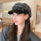 Korean retro leather belt plaid octagonal hat for women winter warm woolen beret for women with leather brim stitching newspaper hat red plaid