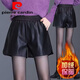 Pierre Cardin leather shorts for women autumn and winter 2025 new outer wear elastic high waist slimming wide leg a-line pants fashionable pu leather boot pants black regular style XL waist 2 feet 2 wear 120Jin Jin is equal to 0.5kg about weight