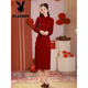 Playboy (PLAYBOY) Cheongsam Toast Wedding Bridal Wedding Burgundy Long Sleeve Chinese Young Style Engagement Dress Women Thickened Velvet Winter Burgundy Velvet Thickened Official Flagship Edition 2XL