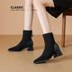 ZHR short boots women's retro thin women's boots winter plus velvet thick high heel suede ankle boots pointed toe elastic boots BL652A black 37