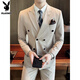 Playboy double-breasted suit suit men's plus size groom wedding dress three-piece youth business formal casual suit khaki suit + pants L (110-120Jin Jin equals 0.5 kg)