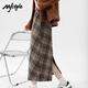 MJ STYLE woolen plaid skirt women's 2025 new spring and autumn high waist slimming slit hip mid-length skirt Khaki L