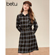 Betu women's 2025 winter new dress brushed plaid waist dress retro skirt women 2511T76 coffee plaid L