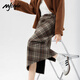 MJ STYLE woolen plaid skirt women's 2025 new spring and autumn high waist slimming slit hip mid-length skirt Khaki L