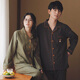 First look for cartoon cute couple pajamas pure cotton brushed velvet long-sleeved casual wearable home clothes set for men and women, olive green, women's XL