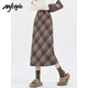 MJ STYLE woolen plaid skirt women's 2025 new spring and autumn high waist slimming slit hip mid-length skirt Khaki L