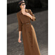 Lancer 2025 new autumn style high-end commuting fake two-piece long-sleeved waist belted suit dress brown brown M
