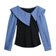 Olrain Women's Autumn Commuting Fake Two-Piece Design Plaid Shirt Contrast Color Splicing Shirt Blue S