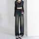 Wide-leg jeans for women, spring, autumn and winter, 2025 popular pear-shaped body, high-waisted, narrow straight pants, floor-length blue and gray double-button velvet trousers. L Recommended: 110-120 Jin Jin equals 0.5 kg