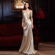 Vnxifm evening dress high-end suspenders niche light luxury host engagement banquet birthday socialite temperament fishtail dressing gown toast champagne gold M