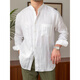 Commuting, casual, breathable pure linen long-sleeved shirt, versatile holiday stand-up collar shirt, men's Henry collar top, white M