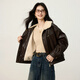 Shangjing Retro PU Leather Jacket Women's 2025 Winter New Style Velvet Thickened Warm Motorcycle Jacket Fur Collar Short Jacket Brown M