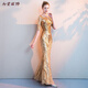 Meianjia evening dress women's new banquet noble and elegant long fishtail temperament celebrity sexy host slim golden L