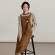INMAN two-piece set 2025 autumn college retro Maillard striped long-sleeved T-shirt slit suspender skirt light brown S