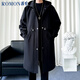 ROMON windbreaker jacket men's mid-length velvet thickened men's coat casual hooded handsome business black XL