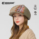 Kenmont wool splicing reverse-wearing plaid beret for women plus velvet to keep warm octagonal forward hat with duck tongue and small face, khaki green M suitable for head circumference (55.5-58c)