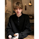 Pop Warm Autumn Black American Henley Collar Sweatshirt Men's Autumn and Winter Heavy Duty Right Shoulder Long Sleeve Polo Shirt with Bottoming Shirt Black Upgraded M