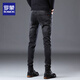 ROMON 2025 Autumn and Winter New High-end Jeans Men's Business Slim Small Feet High-End Stretch Versatile Casual Pants Men's 1048 Black 36