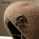 CACUSS beret women's autumn and winter pure wool warm hat women's retro large head circumference showing face small painter hat khaki