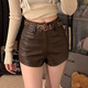 Miao Yijia Shorts Women's Outerwear Hot Pants Leather Pants 2025 New Autumn and Winter A-line High Waist Slim Fit Pants Little People Versatile Brown Hot Girl Casual PU Leather Shorts + Leopard Print Belt M (Recommended weight is about 100-110 Jin Jin is equal to 0.5 kg)