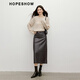 Red sleeve (hopeshow) light mature PU leather skirt 2025 winter new women's clothing drape slim temperament commuting versatile straight mid-length skirt dark chocolate 0B7 L