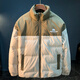 QIANJI winter large size down jacket men's stand collar loose color matching warm jacket 2025 new velvet thickened bread coat khaki L Recommended weight 120-140 Jin Jin equals 0.5 kg Wear