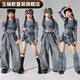Yulixin girls jazz dance performance clothing girl group jazz children's street dance performance denim suit children's clothing medium and large children's trend flame denim long sleeves + denim trousers + suspenders 110