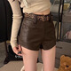 Miao Yijia Shorts Women's Outerwear Hot Pants Leather Pants 2025 New Autumn and Winter A-line High Waist Slim Fit Pants Little People Versatile Brown Hot Girl Casual PU Leather Shorts + Leopard Print Belt M (Recommended weight is about 100-110 Jin Jin is equal to 0.5 kg)